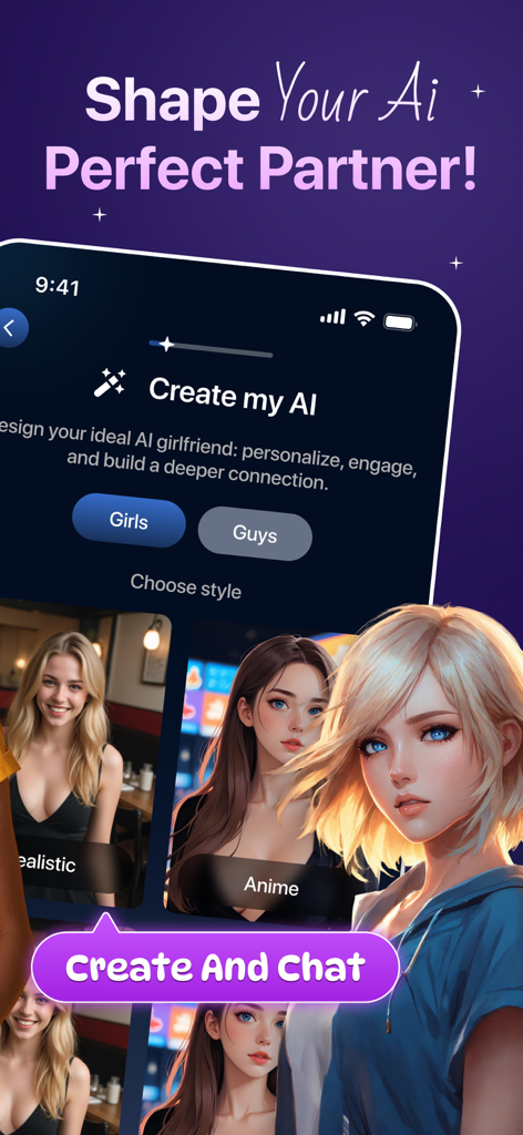 AI Girlfriend Fantasy - Rosify - Interface do aplicativo Rosify para criar uma parceira de IA personalizada com estilos de anime e realistas