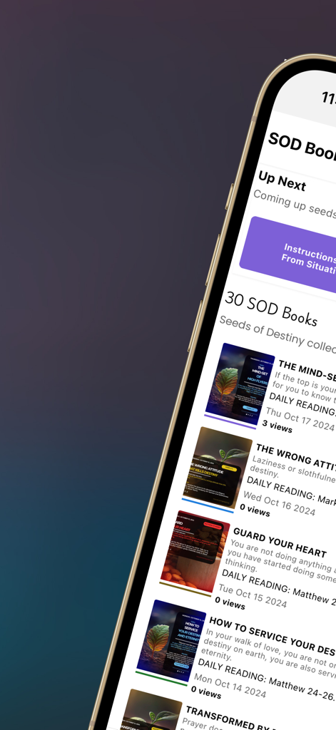 Seeds Of Destiny - A list of daily devotional books within the Seeds of Destiny mobile app interface.