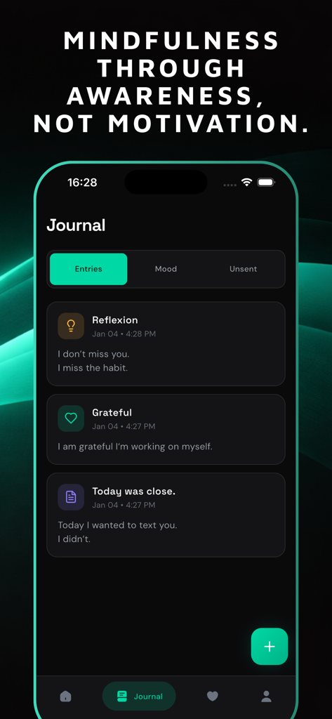 No Contact: HealDays - Uno screenshot dell'interfaccia del diario dell'app HealDays che mostra riflessioni personali e progressi durante una rottura.