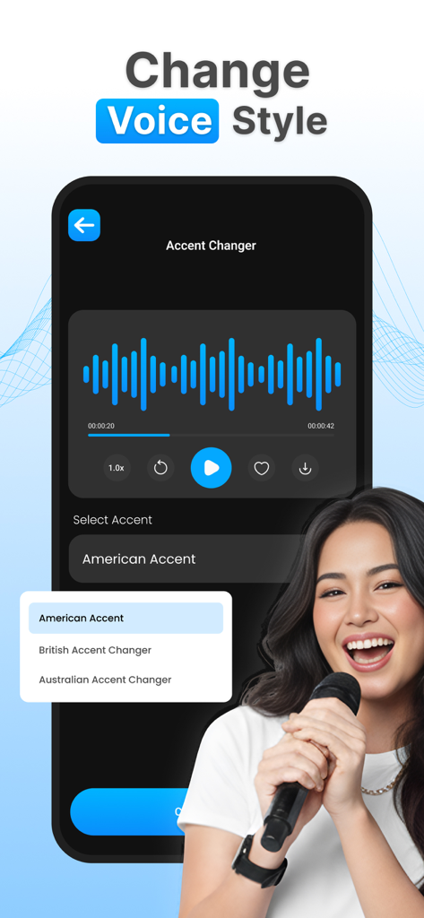Voicechanger: clownfish voice - Smartphone screen showing the accent changer feature of the Clownfish Voice app with options for American and British accents