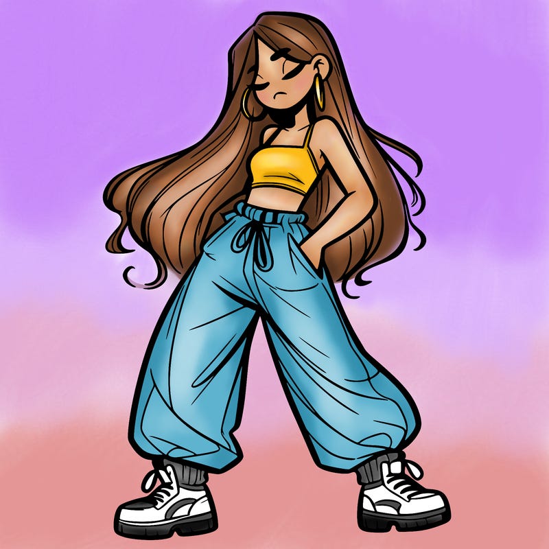 girl in baggy pants crop top and long hair