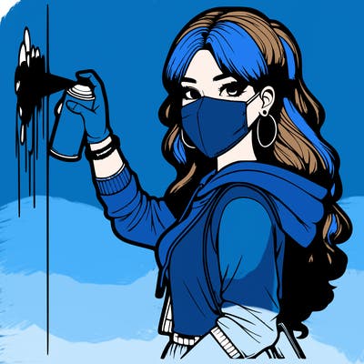 realistic girl with mask spray painting a wall