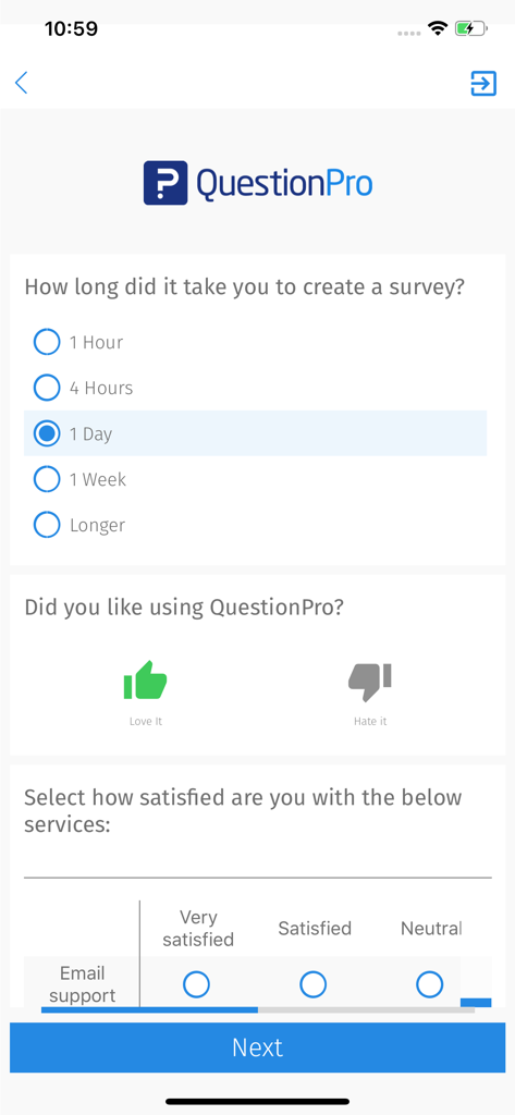 QuestionPro - Offline Surveys - Écran mobile montrant une enquête QuestionPro avec des questions à choix multiples, des icônes de pouce levé et baissé, et une matrice d'évaluation de la satisfaction.