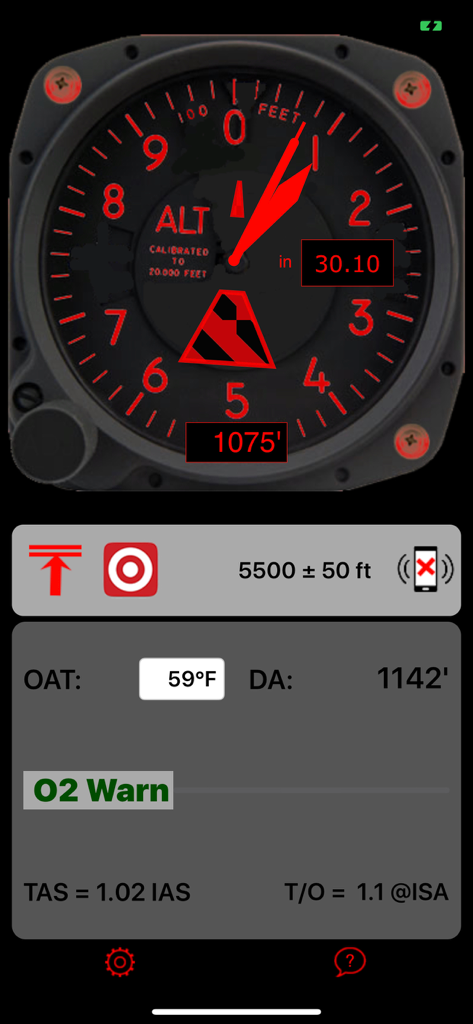 avAltimeter app interface showing a digital aviation altimeter dial and density altitude data in red night mode