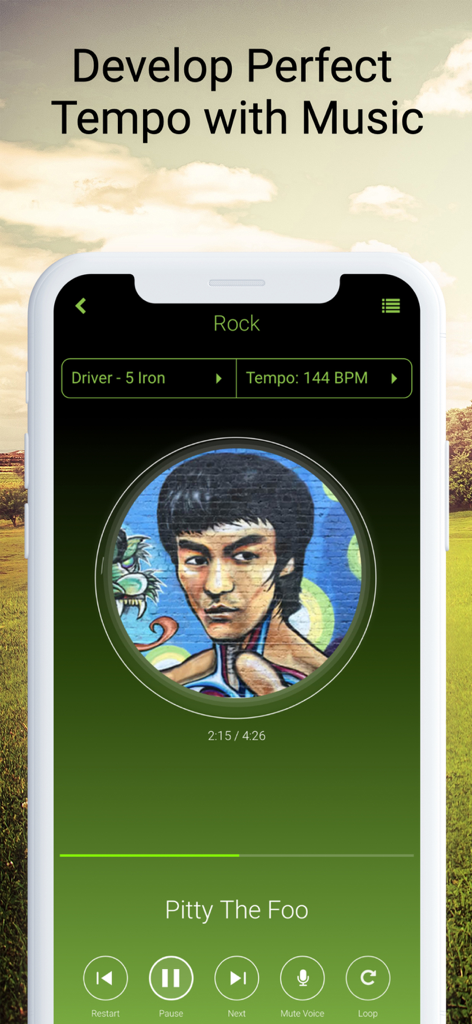 Golf Swing Tempo by Golf BPM - Golf BPM app music player interface for practicing swing tempo with rock music at 144 BPM