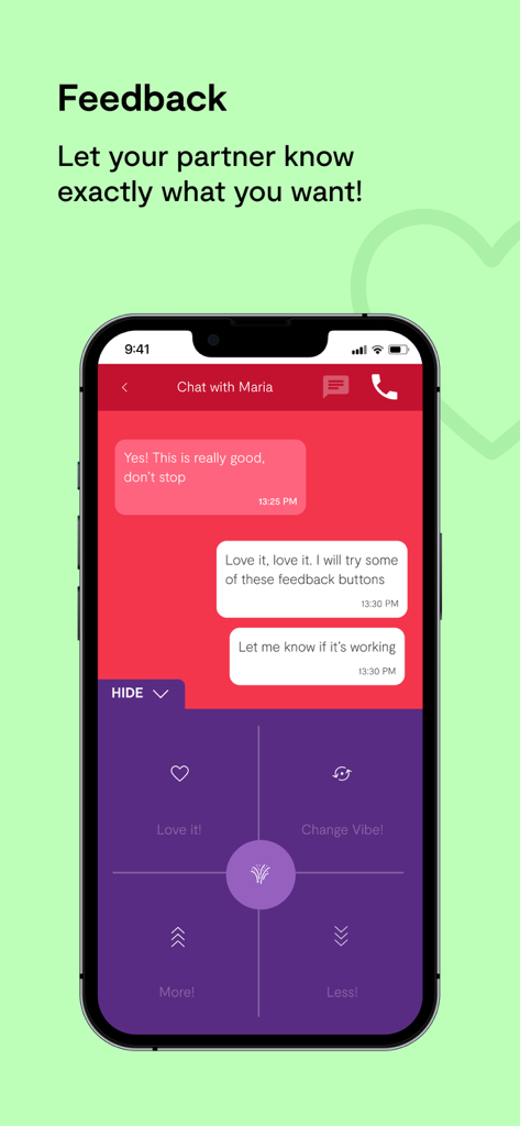 We-Vibe App - Captura de pantalla de la app We-Vibe mostrando una conversación de chat con botones interactivos de retroalimentación como Me encanta y Más