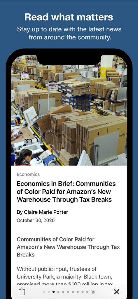 Next City News - Aplicación móvil Next City News mostrando un artículo de noticias detallado sobre economía urbana y equidad social.