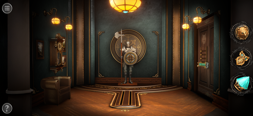 Boxes: Lost Fragments - Ein prunkvoller Villenraum mit einer Rüstung und einem Rätsel-Inventar in Boxes Lost Fragments