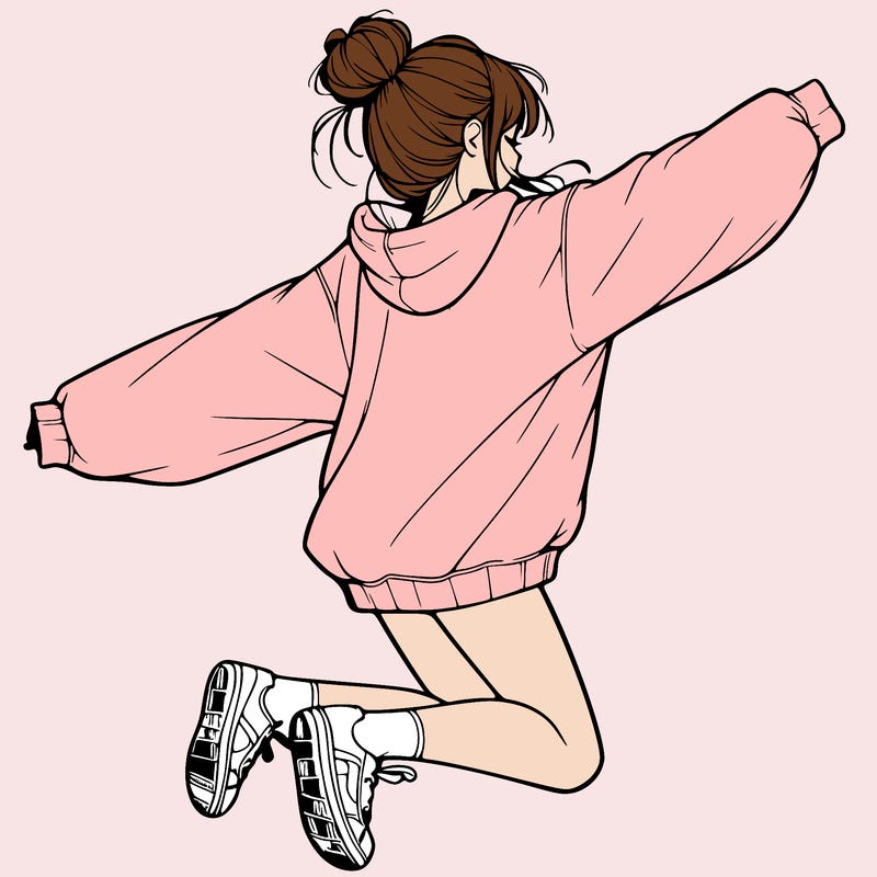 realistic girl jumping with a bun and oversized sweatshirt