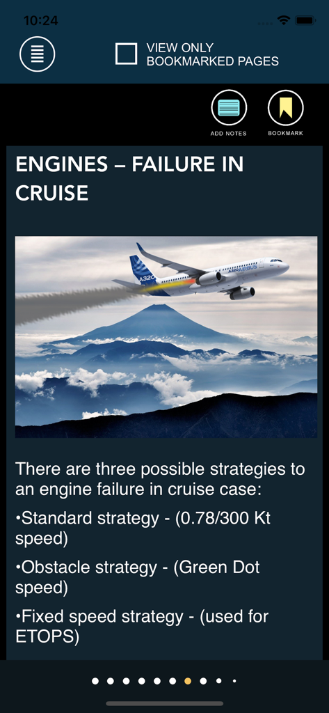 Airbus A320 Command Prep app screen detailing strategies for engine failure in cruise with a diagram of an airplane over mountains