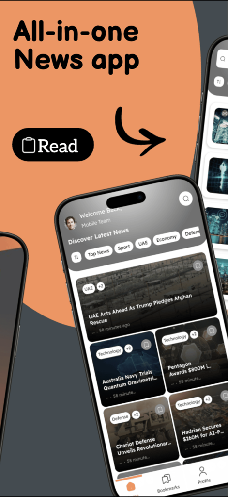 Sentinel Report - Pantalla de smartphone que muestra la interfaz de la aplicación Sentinel Report con un feed de noticias categorizado por temas como Economía, Tecnología y Defensa.