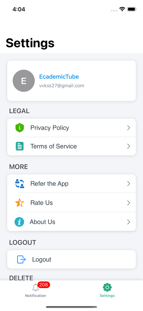 Interfaz de configuración de la aplicación compañera de estudio EcademicTube mostrando información del perfil y enlaces legales