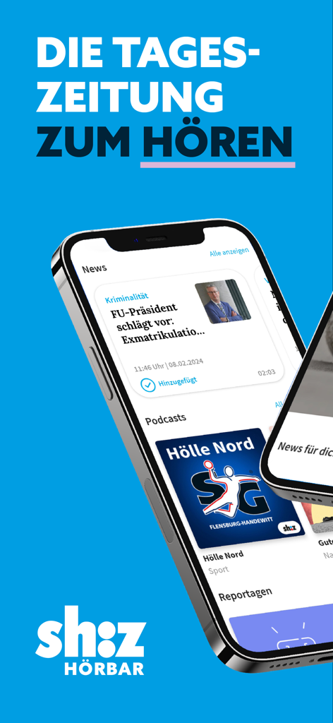 Ein Smartphone, das die Benutzeroberfläche der shz HOERBAR App mit Nachrichten- und Podcast-Bereichen auf blauem Hintergrund anzeigt.