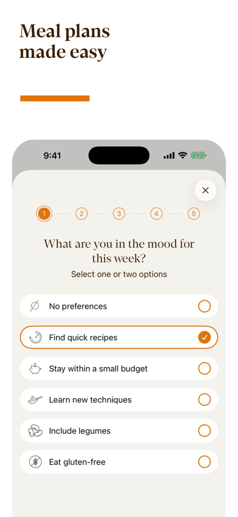Eline's Table: Vegan Recipes - Personalized vegan meal plan quiz screen with options for quick and budget-friendly recipes.