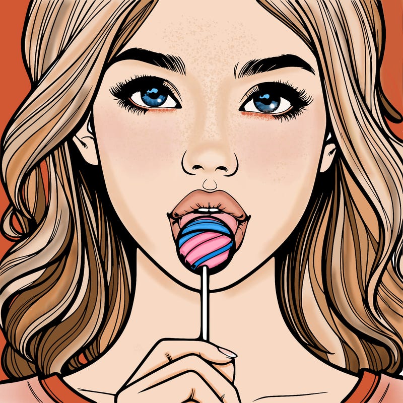a realistic girl with a lollipop in her mouth