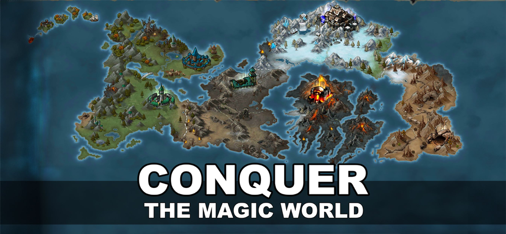 Era of Magic Wars - Strategic world map of Era of Magic Wars with diverse fantasy biomes and the text conquer the magic world