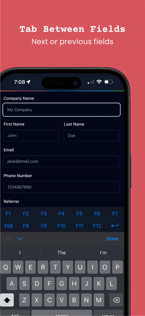 FKeys + Tab - A mobile browser interface showing a dedicated Tab key and function keys above the keyboard for navigating form fields in legacy web applications.