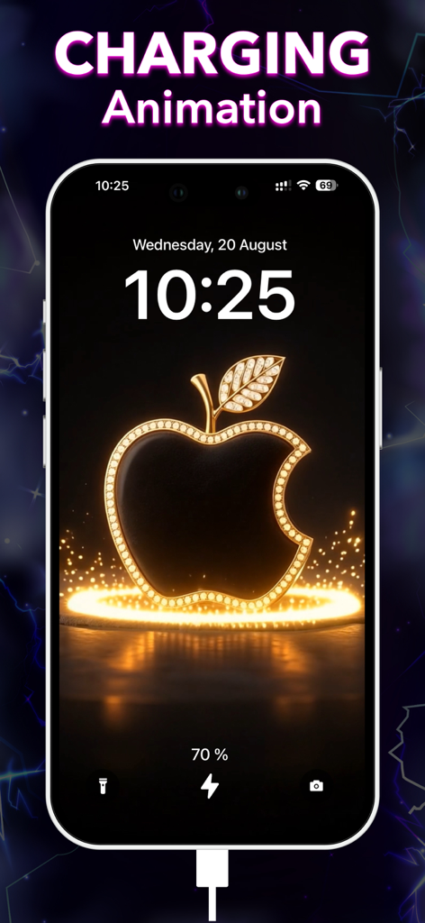 Custom iPhone charging animation featuring a glowing diamond-encrusted Apple logo