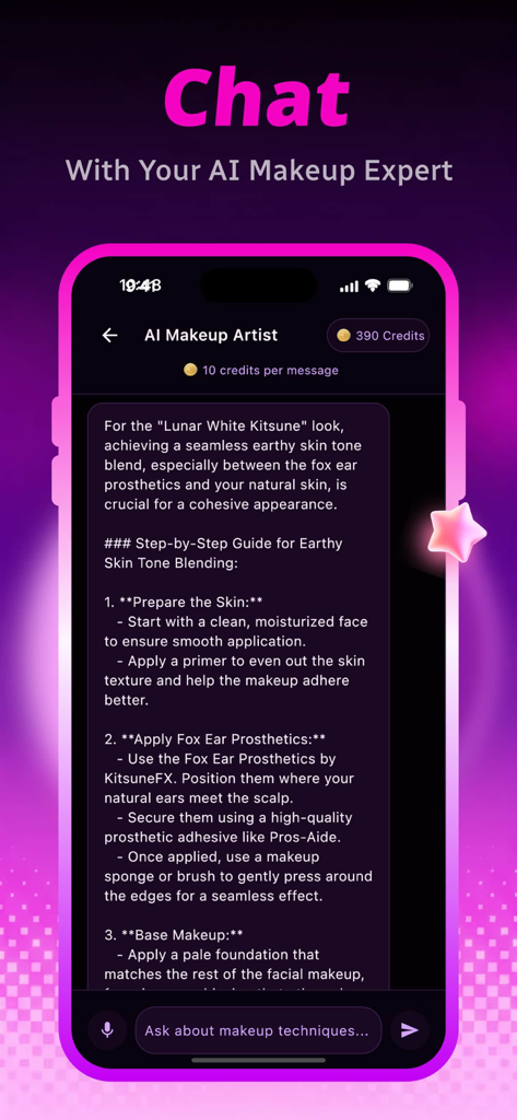 Slink - Chat, Enjoy - Interface of Slink app showing a chat with an AI makeup artist providing a step-by-step guide for a Kitsune look.