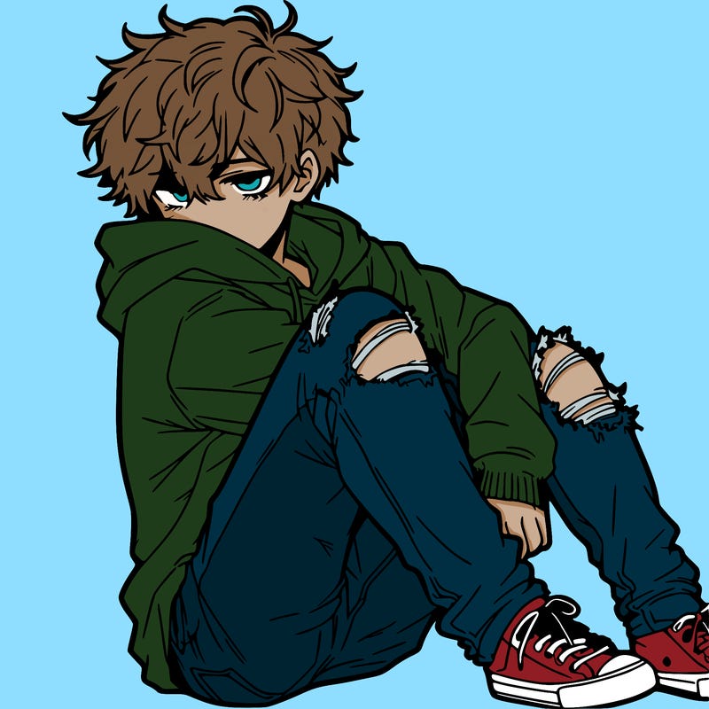 a male hoddie ripped jeans messy hair anime