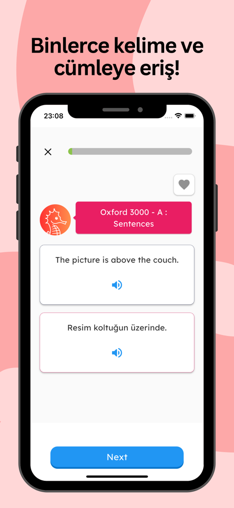 English to Turkish sentence translation and vocabulary practice screen in the Hippocampus app