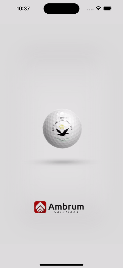Royal Colombo Golf Club - Royal Colombo Golf Club app splash screen featuring a golf ball with the club logo and Ambrum Solutions branding