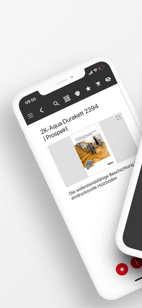 Brillux 앱 화면. Aqua Durakett 목재 바닥 코팅 제품 브로셔를 보여줍니다.