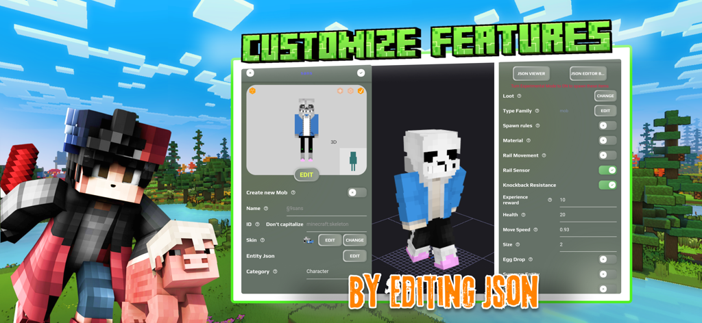 Interface of the Mobs Maker for Minecraft app showing a 3D character model and JSON behavior editing settings