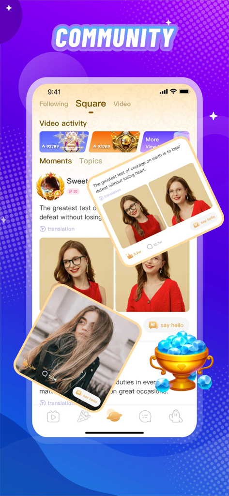 A screenshot of the Vone app showing the community square feed with user posts and a bowl of blue gems.