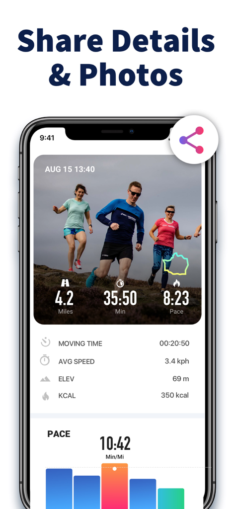 Running App - Run Tracker - 距離、期間、ペースなどの統計情報が重ねられたランナーの写真を表示し、共有準備ができたモバイルアプリ画面