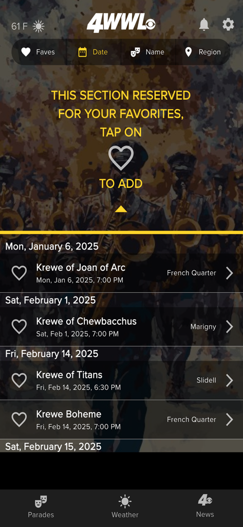 WWL Parade Tracker app screen displaying a list of upcoming Mardi Gras parades by date and location with a favorites feature.