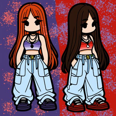 girl in baggy pants crop top and long hair