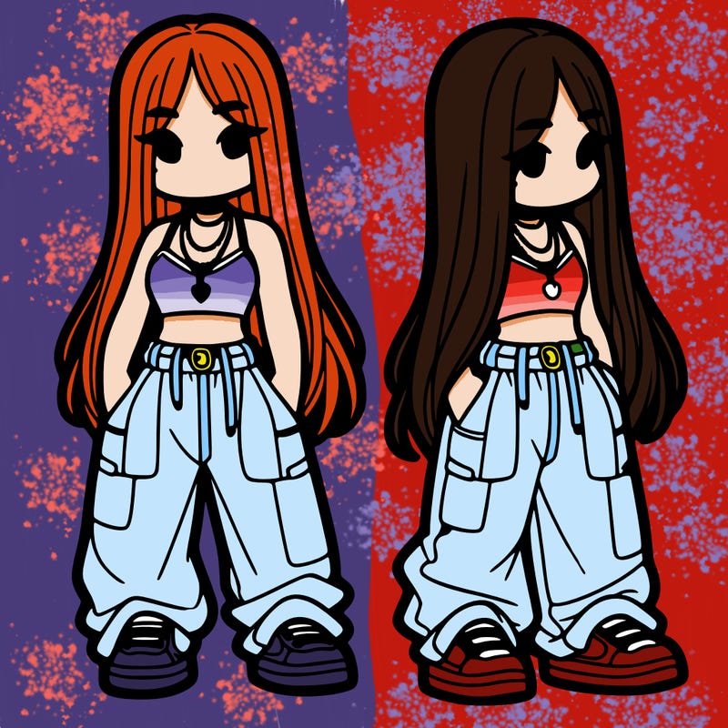 girl in baggy pants crop top and long hair