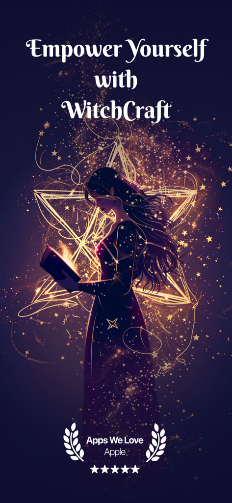 Witchcraft & Wicca - Coven App - Introductory screen for the Witchcraft and Wicca Coven app with an illustration of a witch and the text Empower Yourself with Witchcraft.