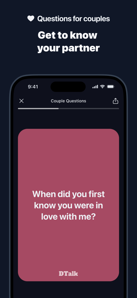 Conversation starters: DTalk - Una captura de pantalla de la aplicación DTalk mostrando una pregunta para iniciar conversaciones de relación para parejas en una tarjeta rosa.