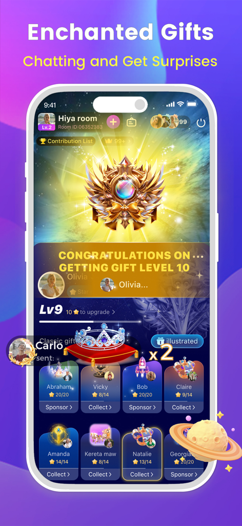 Hiya - Group Voice Chatroom - Pantalla de la aplicación Hiya que muestra regalos encantados y recompensas por el progreso de nivel en una sala de chat de voz