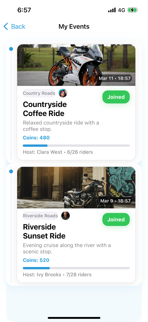 Nomad- - Interfaz de la aplicación Nomad que muestra una lista de eventos de motociclismo unidos que incluyen un paseo de café por el campo y un crucero al atardecer por la ribera.