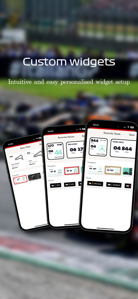GP Time - Formula Widgets - Oberfläche zur Anpassung von Formel-1-Widgets, die Rennzeit und Vorlagen für Lieblingsfahrer anzeigt
