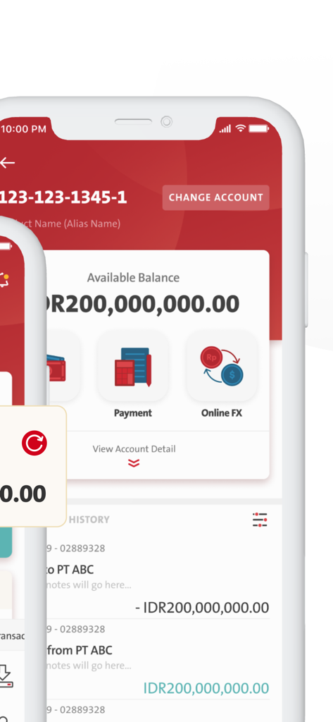 OCBC Business mobile Indonesia - Écran de l'application OCBC Business mobile Indonésie affichant le solde du compte en roupie et l'historique des transactions.