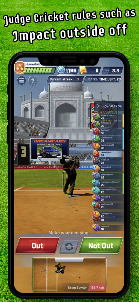 Cricket LBW - Umpire's Call - Gameplay screenshot of Cricket LBW Umpire's Call showing a decision interface and leaderboard.