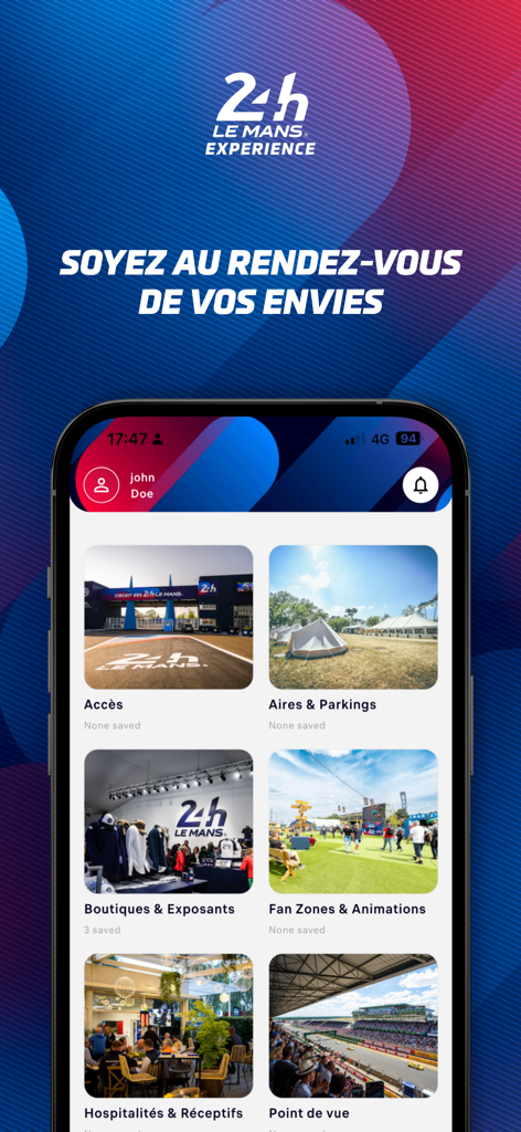Tableau de bord de l'application 24h Experience affichant des catégories telles que l'accès aux parkings, les zones de fans et les boutiques