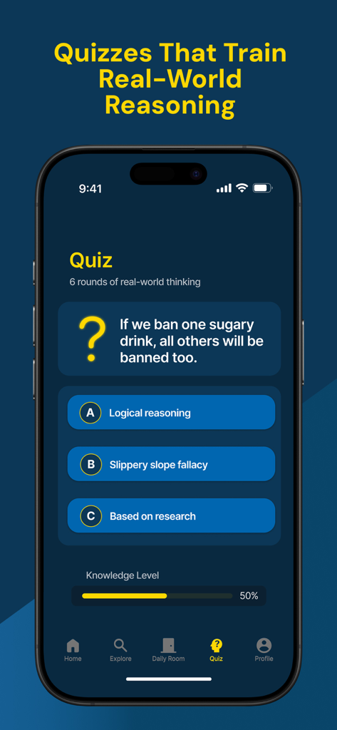 Captura de pantalla de la App Minichat que muestra una pregunta de cuestionario sobre la falacia de pendiente resbaladiza para entrenamiento lógico.