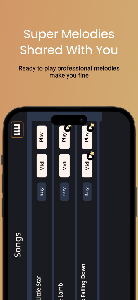 Simple Arranger Keyboard - Un menú de selección de canciones en la aplicación Teclado Arreglista Simple que muestra una lista de melodías como "Estrellita dónde estás" con opciones de reproducción y MIDI.