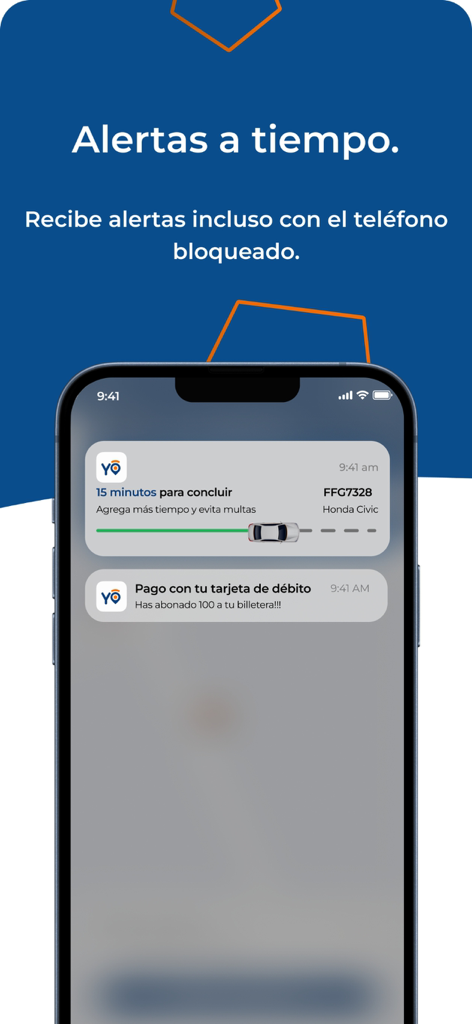 Yo! Estacionandome - Smartphone screen displaying parking expiration alerts and payment confirmation notifications