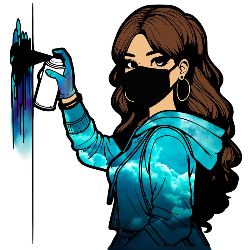 realistic girl with mask spray painting a wall