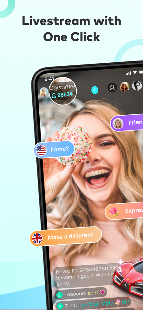 A woman smiling while live streaming on BIGO LIVE with interactive global chat and virtual gifts