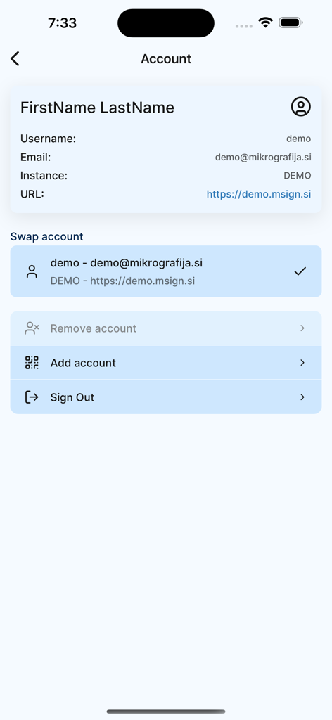 mSign - Account management screen in the mSign app showing user details and options to swap or add accounts