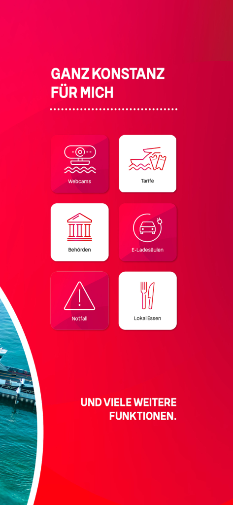 Mein Konstanz - Overview of services in the Mein Konstanz app including webcams ferry tickets and local authorities