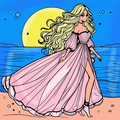 beautiful woman with a vaporous long dress walking on the beach at the noon, detailed art
