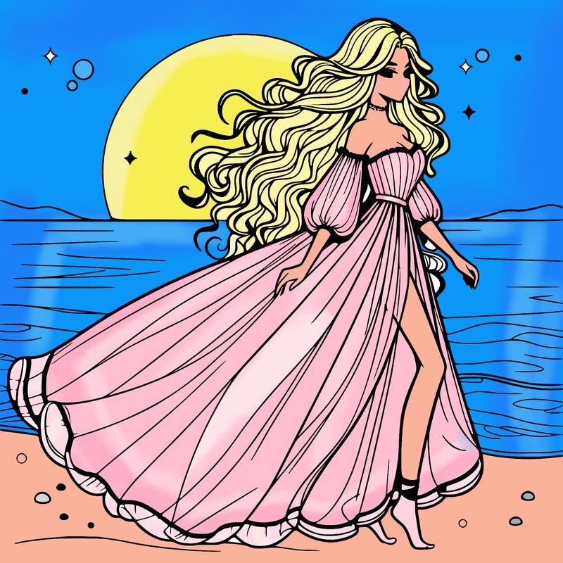 beautiful woman with a vaporous long dress walking on the beach at the noon, detailed art